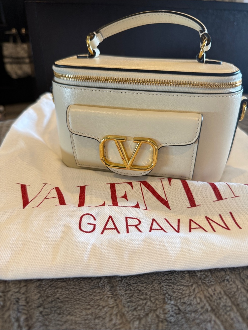Valentino Garavani Cream Leather Top-Handle Vanity Bag with Gold V Logo